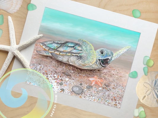 Sea Turtle Decor, Beach Bathroom Art Print - 'Happy Turtle'