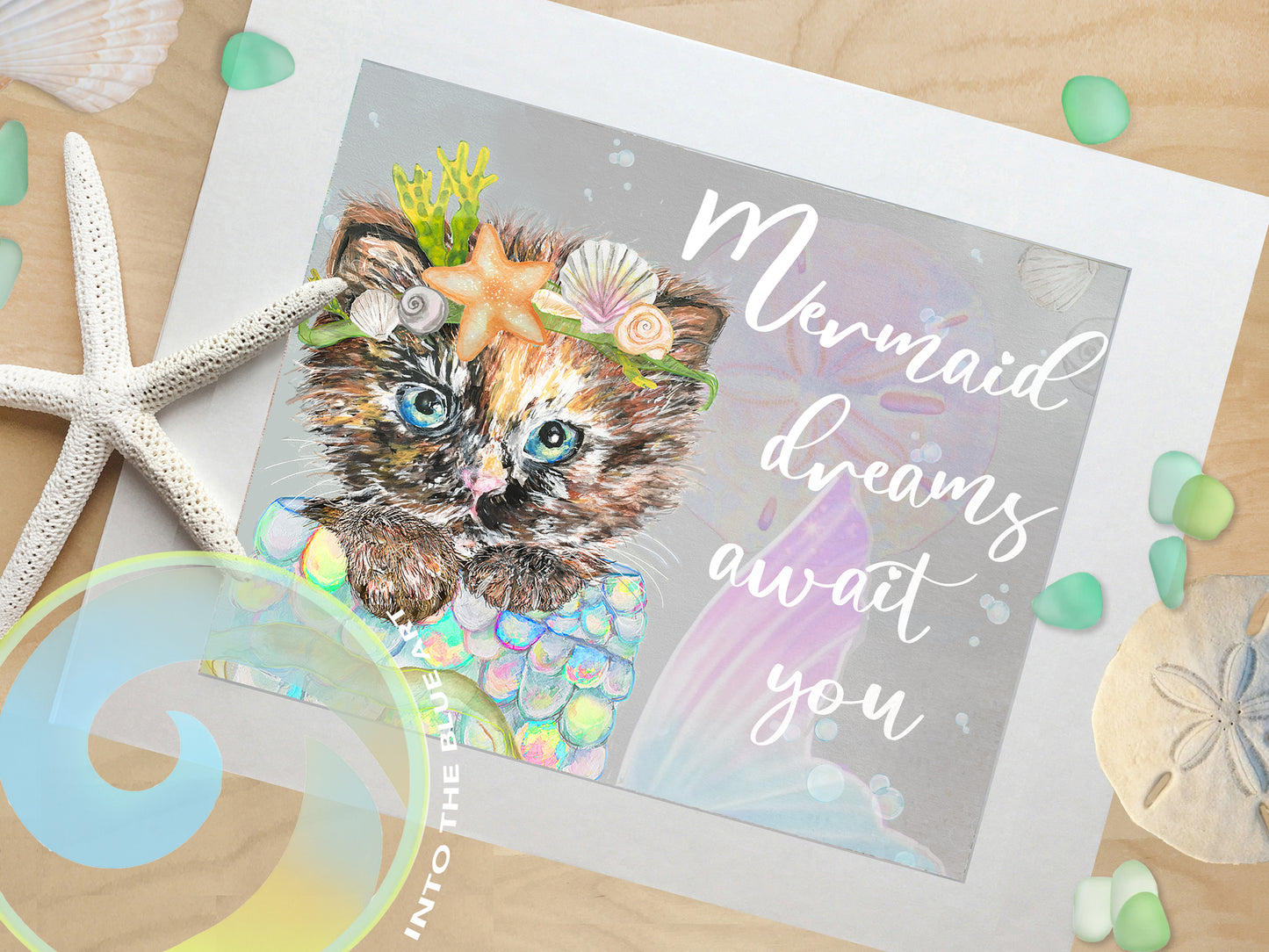 Cat Mermaid Painting, Mermaid Girls Room Decor - 'Cat Mermaid Dreams'