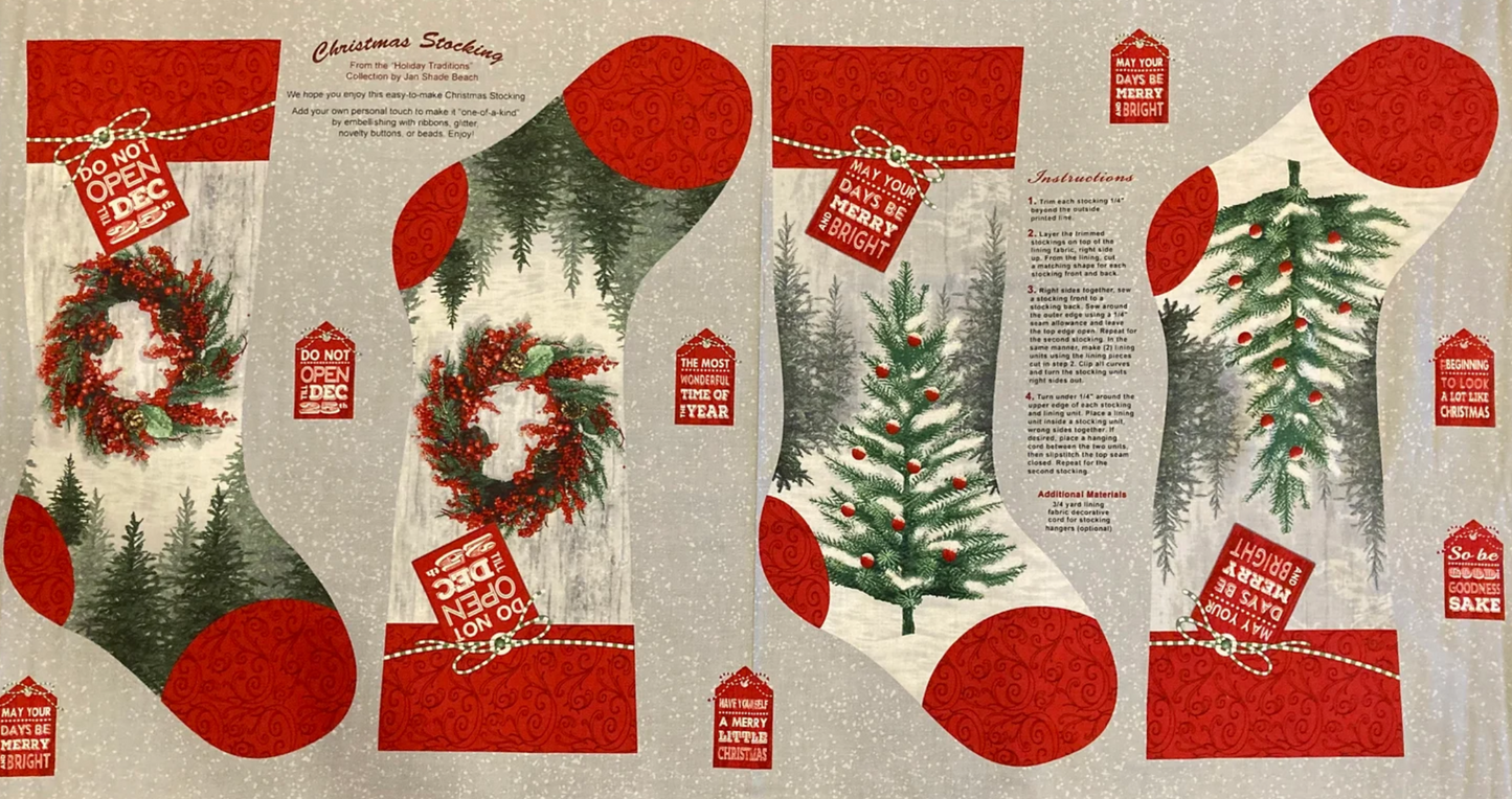 Christmas Stockings Panel, Holiday Quilt Fabric Panel